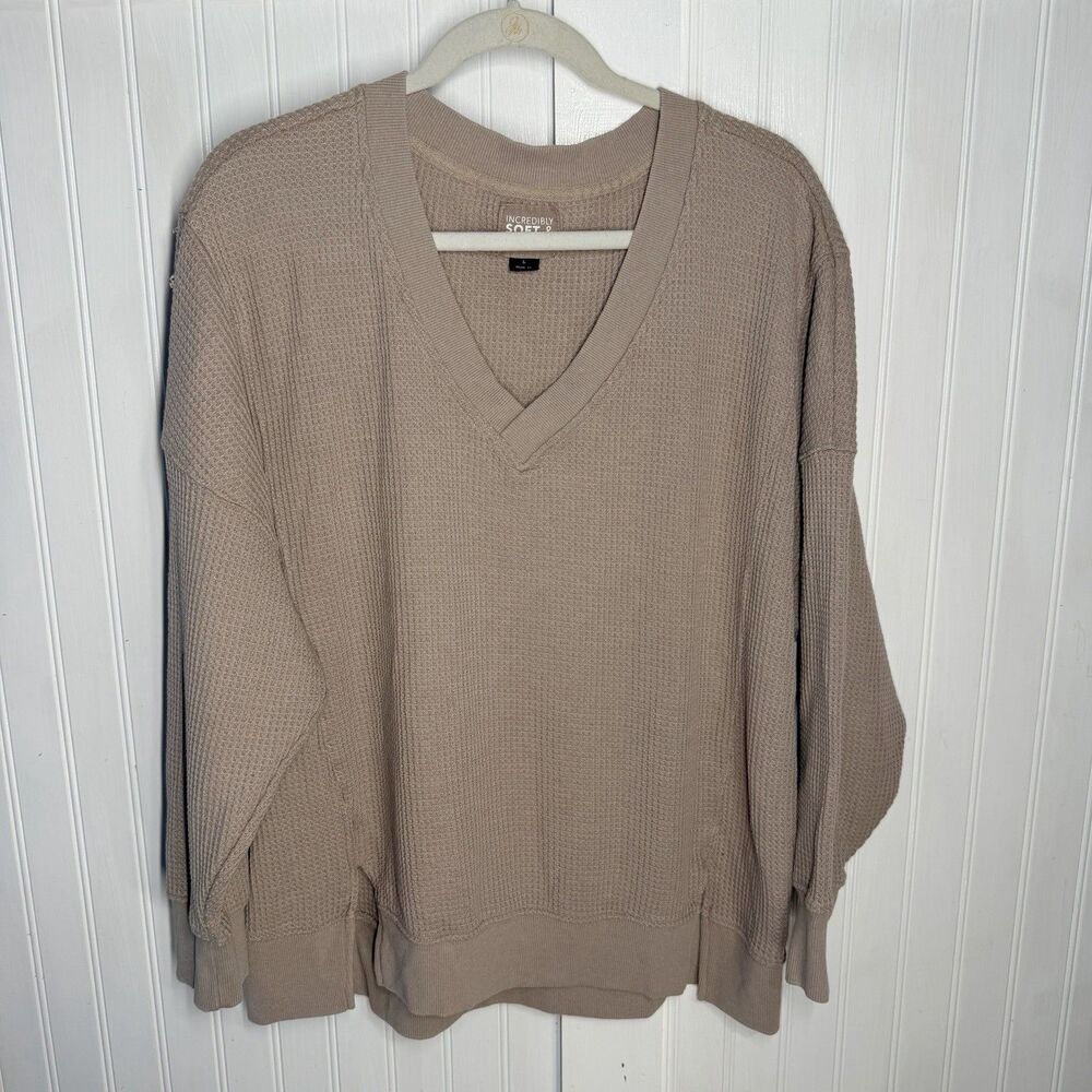Incredible Soft & Lived In Shirt Womens Lg Tan Waffle Oversized Slouchy Top